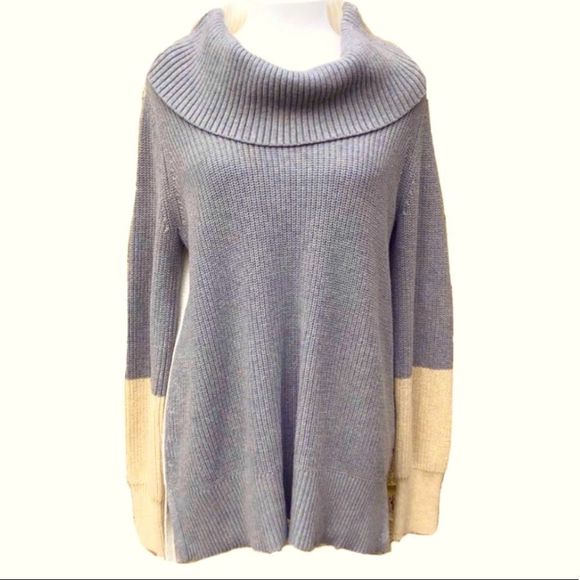 DKNY Cowl Neck Cozy Long Gray Ivory Color-block Sweater - Picture 8 of 8